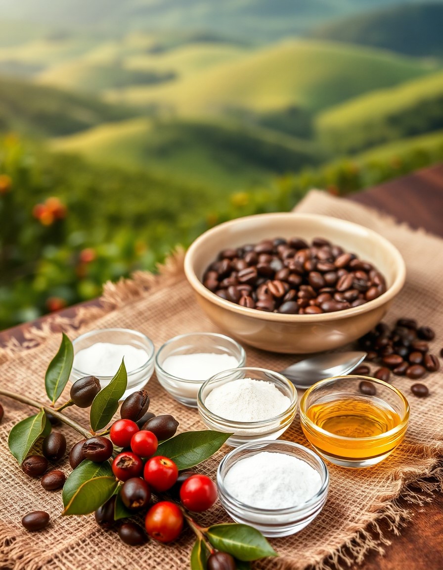 Die Abbildung zeigt ein KI generiertes Bild (stablediffusionweb.com) von Kaffeebohnen mit verschiedenen Zutaten, die CBD-Öl, Bromelain-, Inulin-, und Kollagenpulver symbolisieren, vor dem Hintergrund einer Kaffeeplantage. Das überzogen künstliche Bild soll die „Künstlichkeit“ des Produkts wiedergeben und unterstreichen.